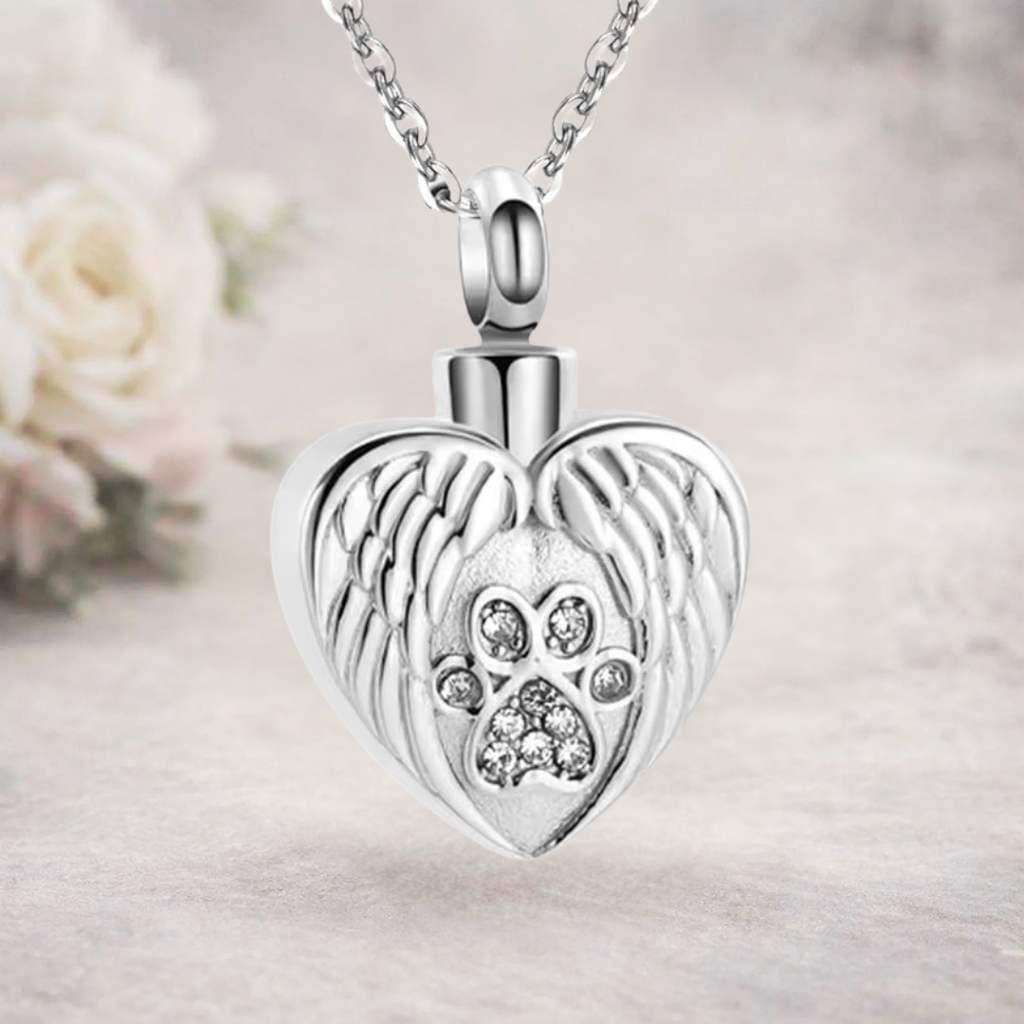 Angel Wings Pawprint Memorial Urn Necklace