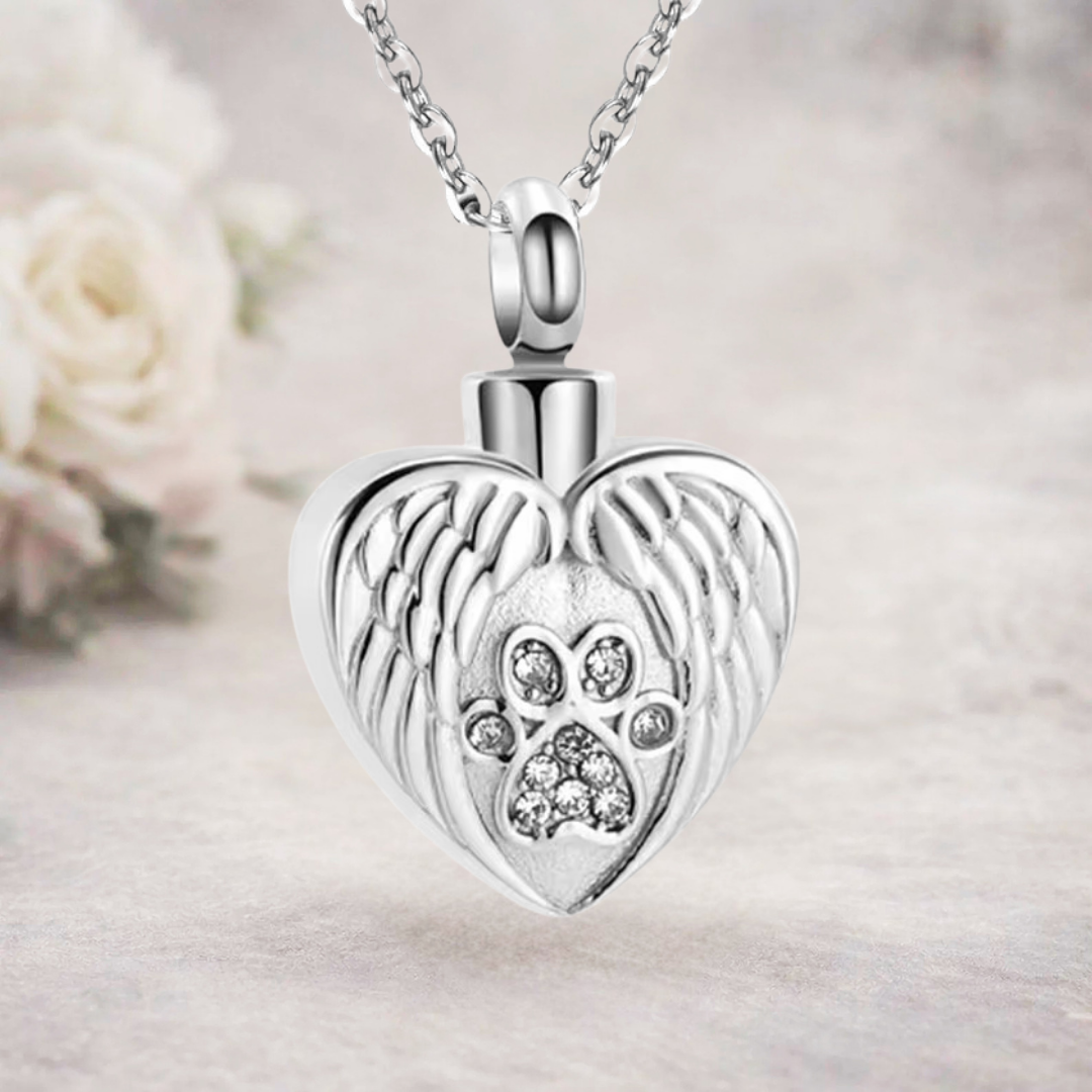 Angel Wings Pawprint Memorial Urn Necklace